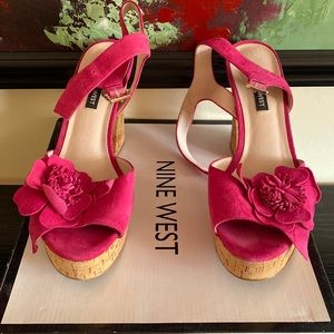 Nine West Pink Flower Suede Sandal 4 1/2 inch heel
